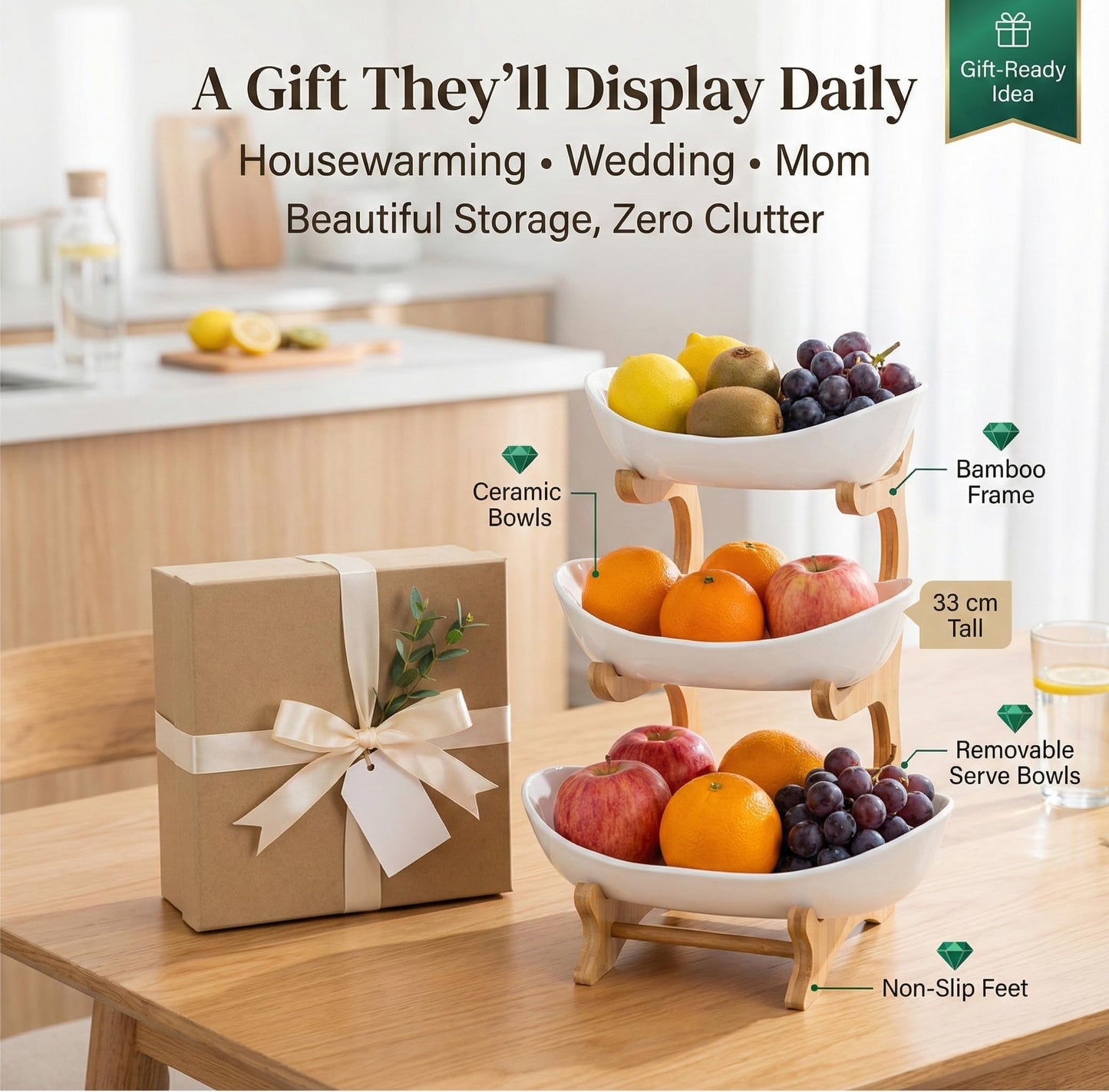 TOSCARA Bamboo Fruit Stand - 3 Tier Ceramic Fruit Bowls with Wooden Stand – Fruit Holder for Kitchen, Dining Table & Living Room – Decorative Countertop Organizer for Fruits, Vegetables & Snacks