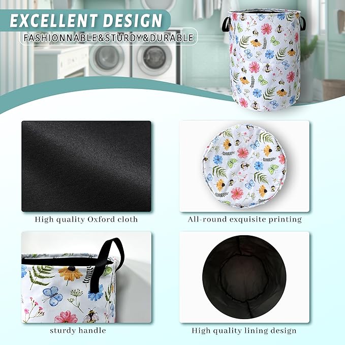 Cute Bee Floral Flowers Laundry Basket Foldable