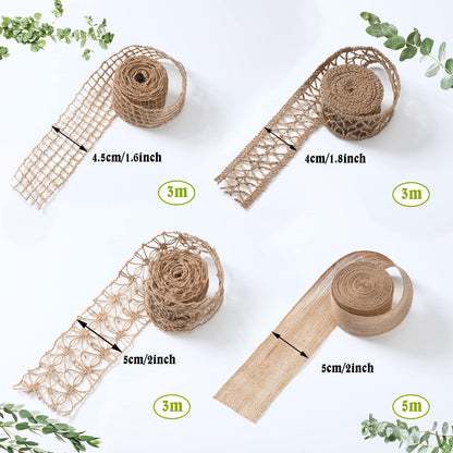 4 Rolls Burlap Ribbon Wired Natural Jute Burlap Lace 1.6-2 Inch x 16.4 Yard Wrapping Ribbon for Crafts, Big Bows, Spring Outdoor Decoration, Wedding Gift Wrapping, Wreath, Holiday Party DIY Home Decor