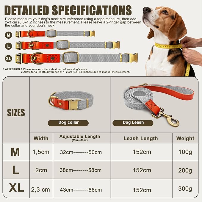 Dog Collar and Leash Set with Metal Quick Release Buckle, Adjustable, Breathable Nylon, Durable, Soft and Comfortable, No Pull for Walking and Training, Silver-Gray, L (14.9"-22.8")