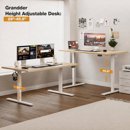 Grandder 55x32 Large Electric Standing Desk, Height Adjustable Computer Desk with 2 Memory Presets, 31.5" Deep Desktop Sit Stand Desk Home Office Desk Workstation Table with Hooks, Light Walnut