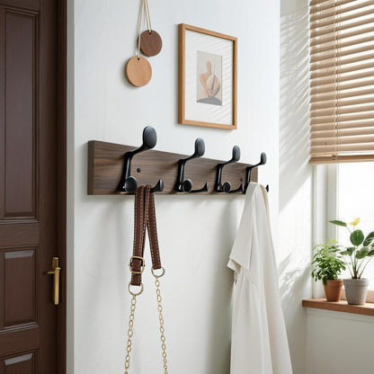 WEBI Coat Rack Wall Mount,24" Solid Wood Coat Hooks Wall Mounted Coat Hanger,16" Hole to Hole,Heavy Duty Hook Rack Rail,4 Triple Hooks for Hanging Coats,Jacket,Clothes,Hat,Backpack,Weathered Brown