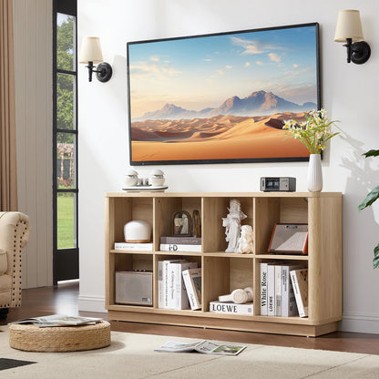 Joaxswe 8 Cube Storage Book Shelf, 52" Long Horizontal Bookshelf with Curved Edge, Floor Standing Wooden Cubby Bookcase with Base, Modern Low Console Book Case, TV Stand for Living Room, Natural Oak