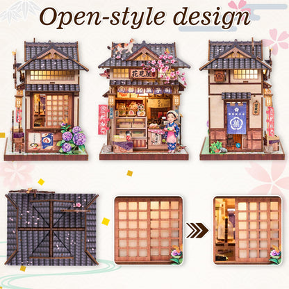 DIY Miniature Dollhouse Kit, Japanese Wagashi Shop 3D Wooden Puzzle with LED Light, Cherry Blossoms & Furniture, Cozy Home Decor, Relaxing Craft Hobby for Adults,Hanamiya
