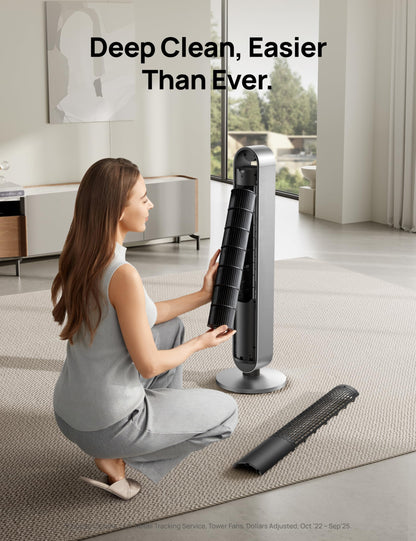 DREO Tower Fan for Bedroom, 42 Inch 120° Oscillating Fan, 20dB Quiet DC Motor, 28ft/s Velocity Bladeless Standing Fan with 12 Speeds, 4 Modes, 12H Timer Cooling Fans for Home, Living Room