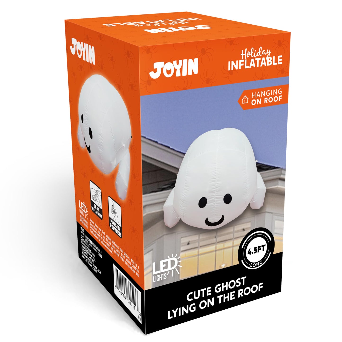 JOYIN Halloween Inflatable Outdoor Decorations, 4.5ft Inflatable Cute Ghost Decoration Lying On The Roof with LEDs, Halloween Blow Up Yard Decor for Parties Roof Decor