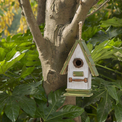 Glitzhome 10.25" L Hanging Birdhouse Green White Roof Wooden Garden Bird House for Outdoor