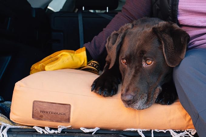WHITEDUCK Outdoor Dog Bed Heavy-Duty 12oz Canvas, Water-Repellent Cotton, Machine Washable Removable Cover with Full-Length Zipper, Dog Bed for Large Dogs & Crate, (Tan) 28" Lx20 Wx4.3 th (S)