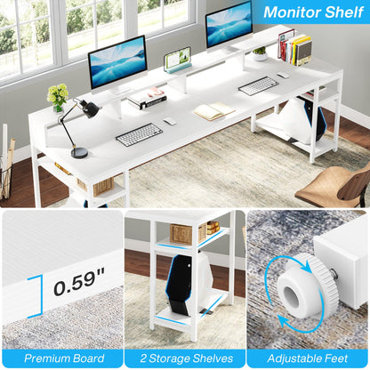 Tribesigns Two Person Desk with Monitor Stand, 78.74" Long Double Computer Office Desk with Storage Shelves, Large Gaming Desk Study Writing Table Workstation for Home Office (White)