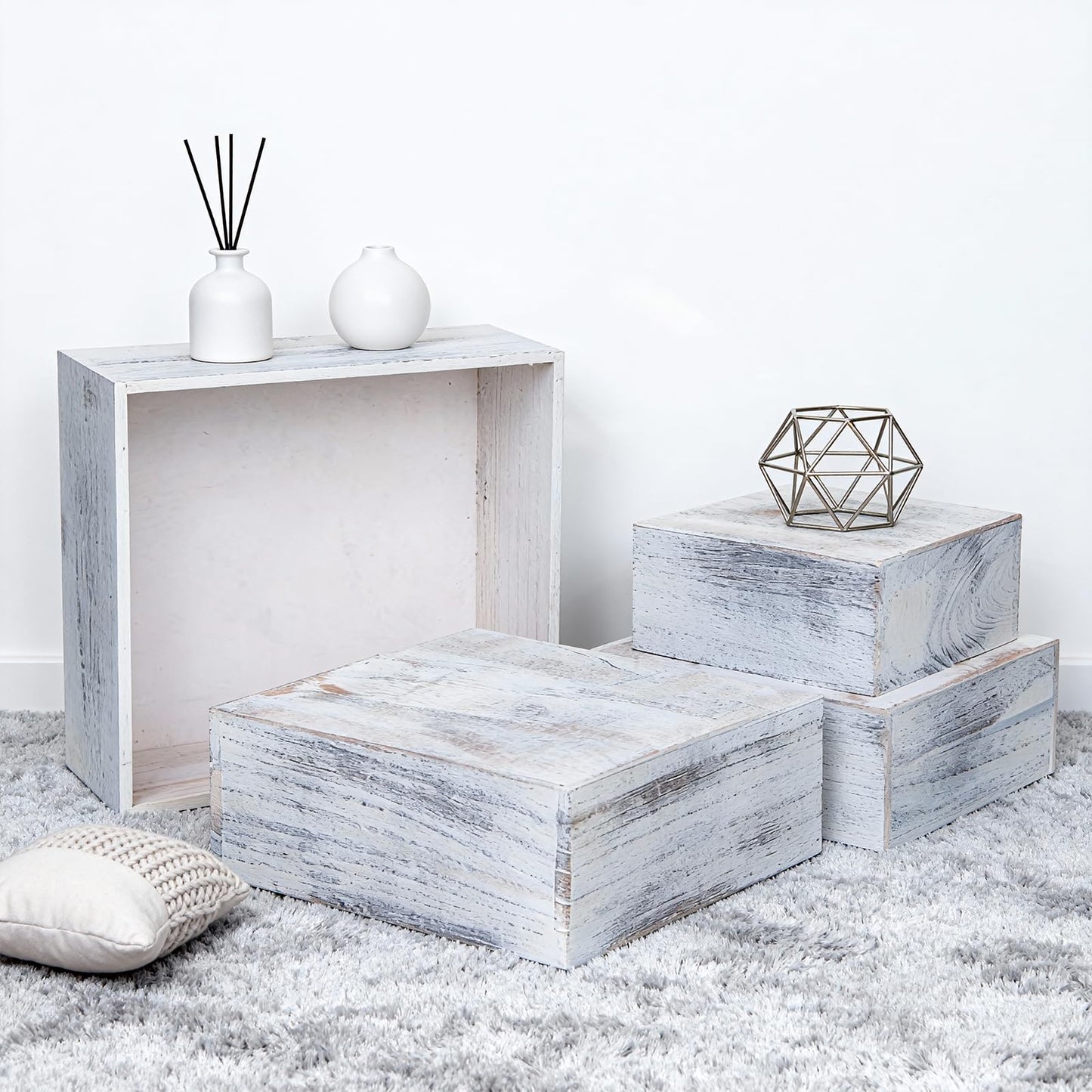 Vankcp Set of 4 Wooden Cake Stands, Square Wooden Crates, Antique White Cupcake Stands, 12 inches Rustic Square Cupcake Box,Wood Display Risers for Wedding,Birthday Party,Christmas(Antique White)
