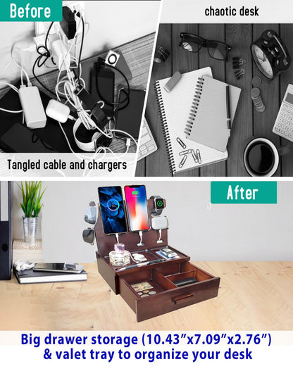 Nightstand Organizer with Drawer Built in 4 USB Charger, Wood Phone Docking Station with Dual Phone Charging Station for Apple Android Phones Anniversary Birthday Gifts for Men Dad Hunsband Mom