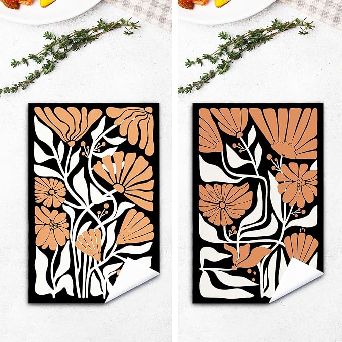 Abstract Boho Black and Beige Brown Floral Kitchen Towels Set of 2, 70s Retro