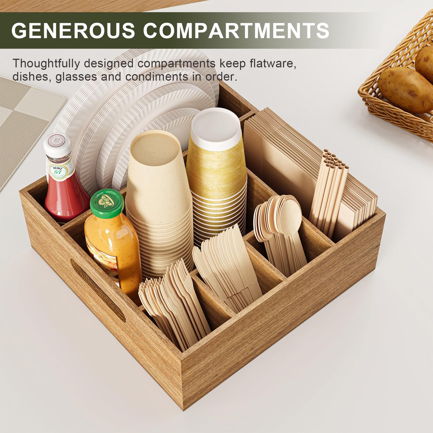 Acacia Wood Utensil Holder for Party, Paper Plate and Utensil Holder Caddy for Countertop, Kitchen Silverware Organizer Dispenser for Spoon, Napkin, Cup, Cutlery Holders for Outdoor, Camping, Picnic