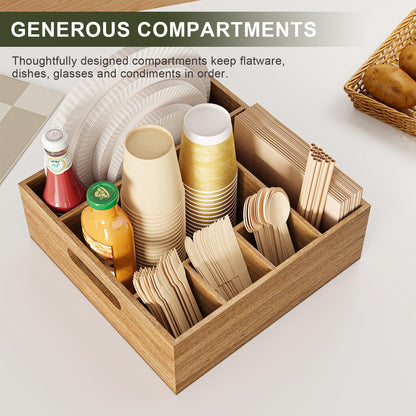 Acacia Wood Utensil Holder for Party, Paper Plate and Utensil Holder Caddy for Countertop, Kitchen Silverware Organizer Dispenser for Spoon, Napkin, Cup, Cutlery Holders for Outdoor, Camping, Picnic