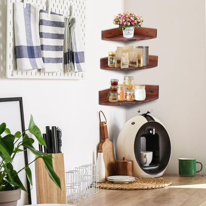 Demigo Corner Shelf Wall Mount Set of 3, Solid Acacia Wood Round Floating Corner Shelves for Storage and Display, Hanging Wood Shelves for Bedroom, Kitchen, Living Room, Bathroom (Brown)