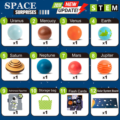 COOLDUCK 30 Pcs Wooden Solar System Model Board Toy Kit, Montessori Planet Balls Toys with Astronaut Figures, Preschool Learning Educational Puzzle, Space Knowledge Flash Cards Learning Toys for Kids