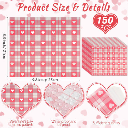 Honeydak 150 Pieces Valentines Wax Paper Sheets Heart Decorative Parchment Sheets Food Basket Liner Greaseproof Paper Liners for Baking Valentines Day Party Favors(Pink Plaid Heart)