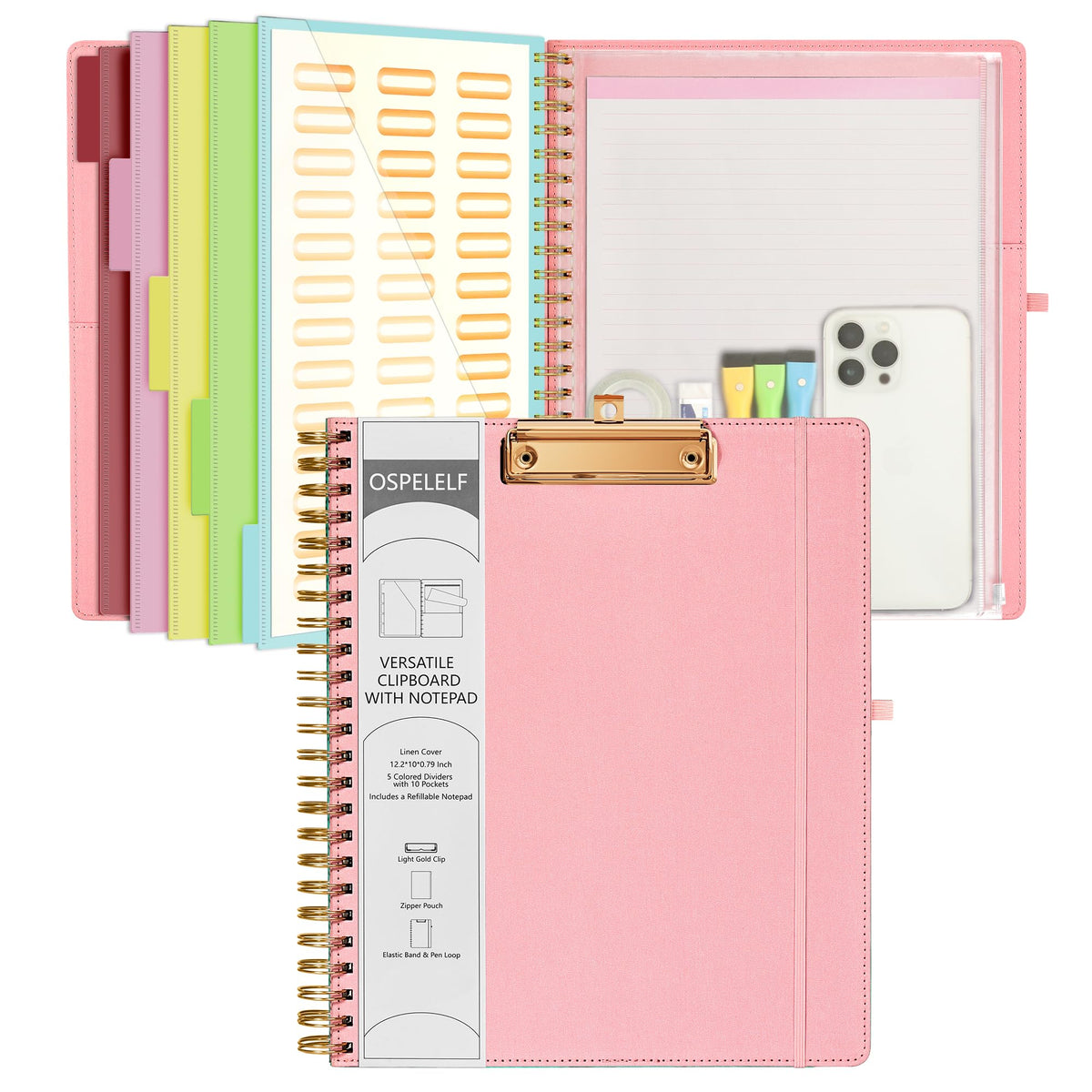 Ospelelf Pink Foldable Spiral Clipboard Folio with Storage Zipper Pouch, 5 Plastic Folders with 10 Pockets,Refillable Lined Notepad (11" x 8.5"), Hardcover Project Organizer with 39 Stickers