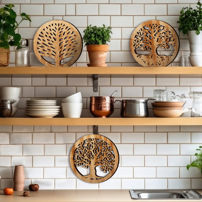 Beeveer 3 Pcs Life Tree Wooden Trivets for Hot Dishes 8 Rustic Round Tree Trivet Set Hot Plate Holders Heat Resistant Polite Trees Coasters for Table Dishes Pots and Pans(Light Wood Color)