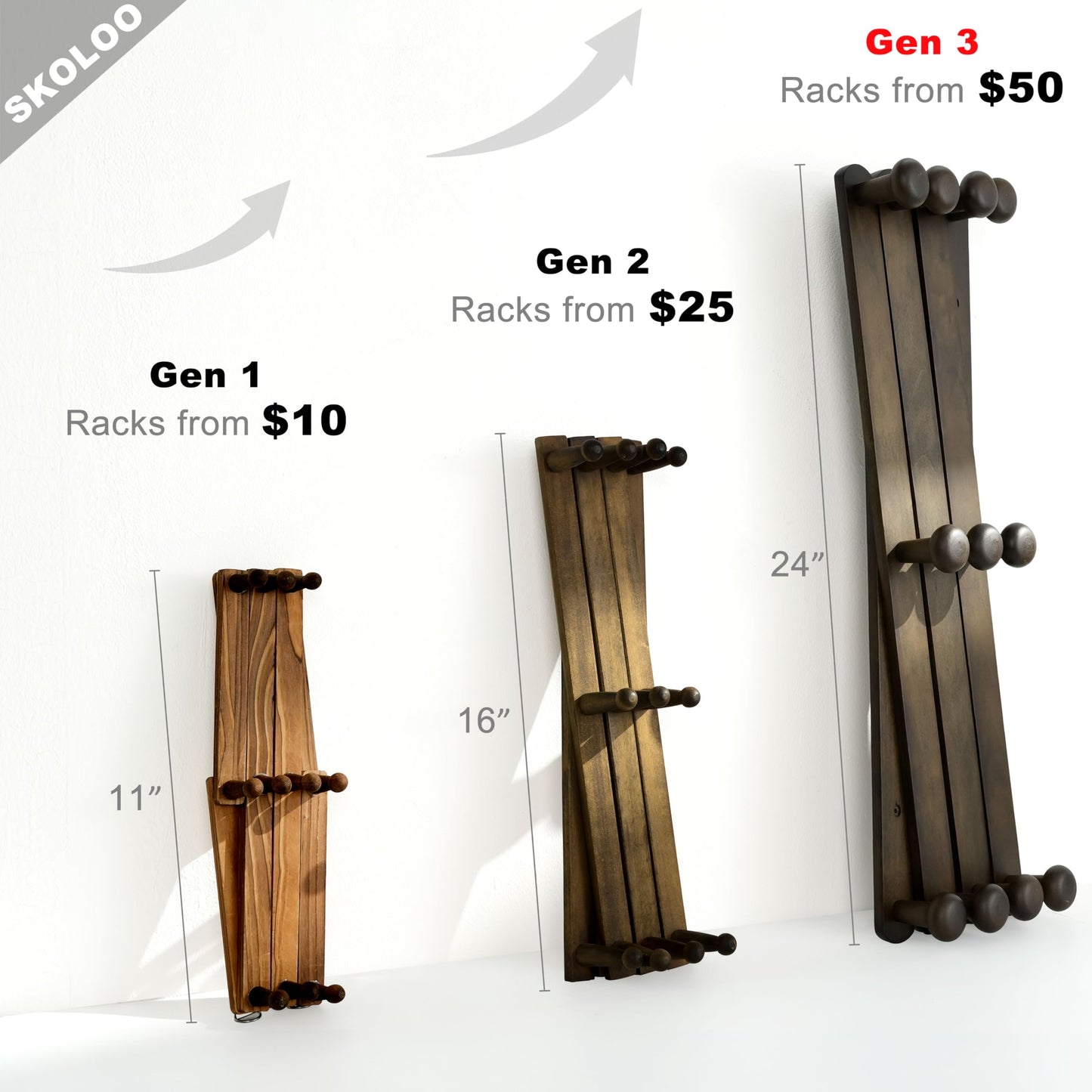 SKOLOO Large Hat Rack for Wall, Wooden Accordion Wall Hanger, Modern, Expandable Coat Hooks, Hat Display Rack for Home, Office, and Studio, 11 Peg, Dark Walnut