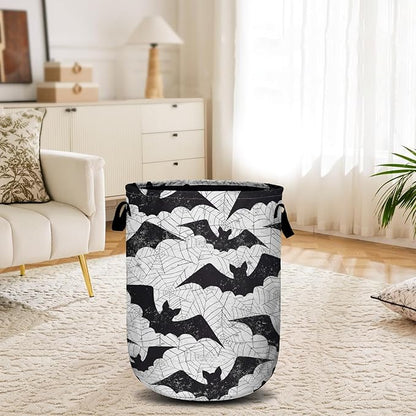 Retro Black White Bat Laundry Basket, Halloween Laundry Hamper Collapsible