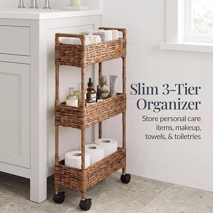 Best Choice Products 3-Tier Slim Water Hyacinth Rolling Nursery Caddy w/Wheels, Handwoven Utility Cart, Narrow Storage Organization for Bathroom, Craft Room, Laundry Room - Chestnut