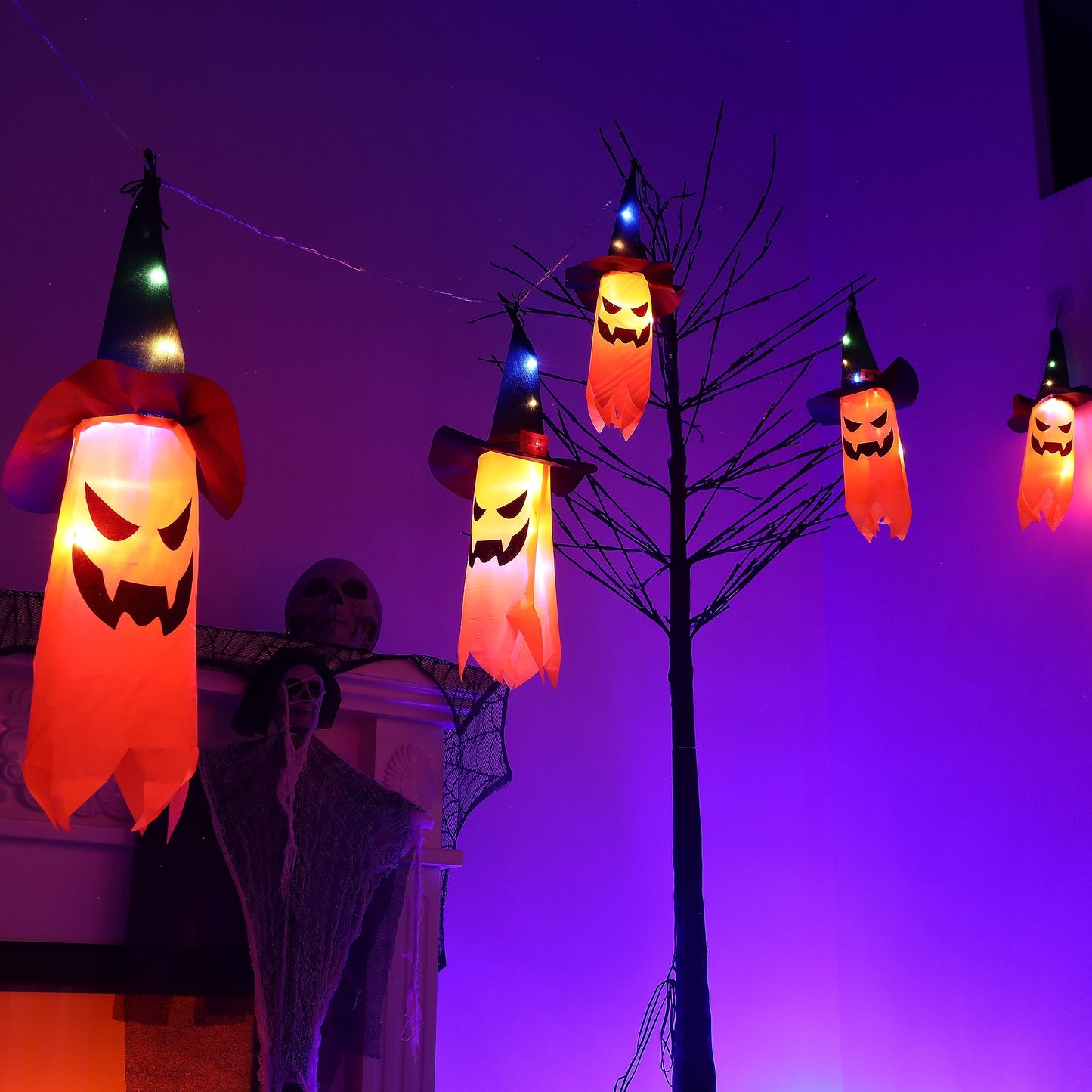 HOMEHIGH Halloween Outdoor Decor Hanging Lighted Glowing Ghost Witch Hat,5 Pack Lights Ghost Halloween Decor Light,Led String Lights Waterproof Battery Box, Indoor Outside Home Porch Yard Tree Garden