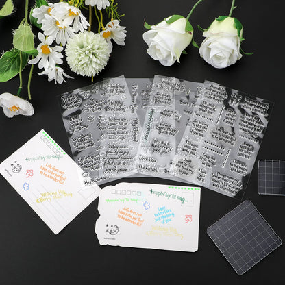 Chinco 4 Sheet Sentiments Rubber Clear Stamps Set for Card Making and DIY Scrapbooking Journaling 2 Acrylic Stamp Blocks with Grid Lines for Valentine Birthday Wedding Wife Husband Anniversary Card