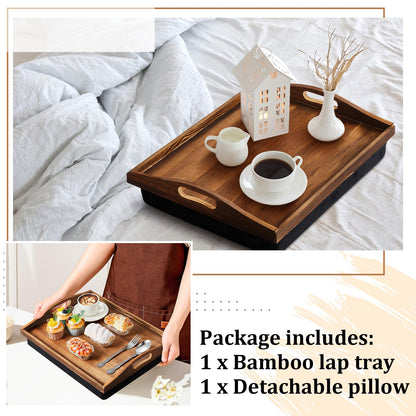 Tioncy 1 Piece Bamboo Lap Tray with Detachable Pillow 16.9'' x 13'' Lap TV Trays Desk with Handles for Adults Eating in Recliner Breakfast Housewarming Gift (Burn Color)