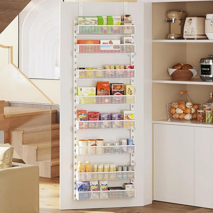 Over the Door Pantry Organizer, 8-Tier Over the Door Spice Rack with Adjustable Baskets, Wall-Mounted or Hanging Shelves for Kitchen, Laundry Room, Bathroom(White, 16.65"W x 5.2"D x 72.6"H)
