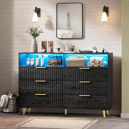 IDEALHOUSE 6 Drawer Fluted Dresser for Bedroom, 47.2" Wide Modern Chest of Drawers with Metal Handles, Wooden TV Stand, Storage Organizer for Closet, Living Room, Hallway, Black