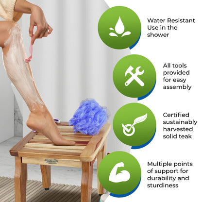 EcoDecors Teak Shaving Stool – 12" x102x12 Compact Shower Step Small Teak Foot Stool for Shaving Legs | Water-Resistant | Non-Slip Bathroom Step for Women