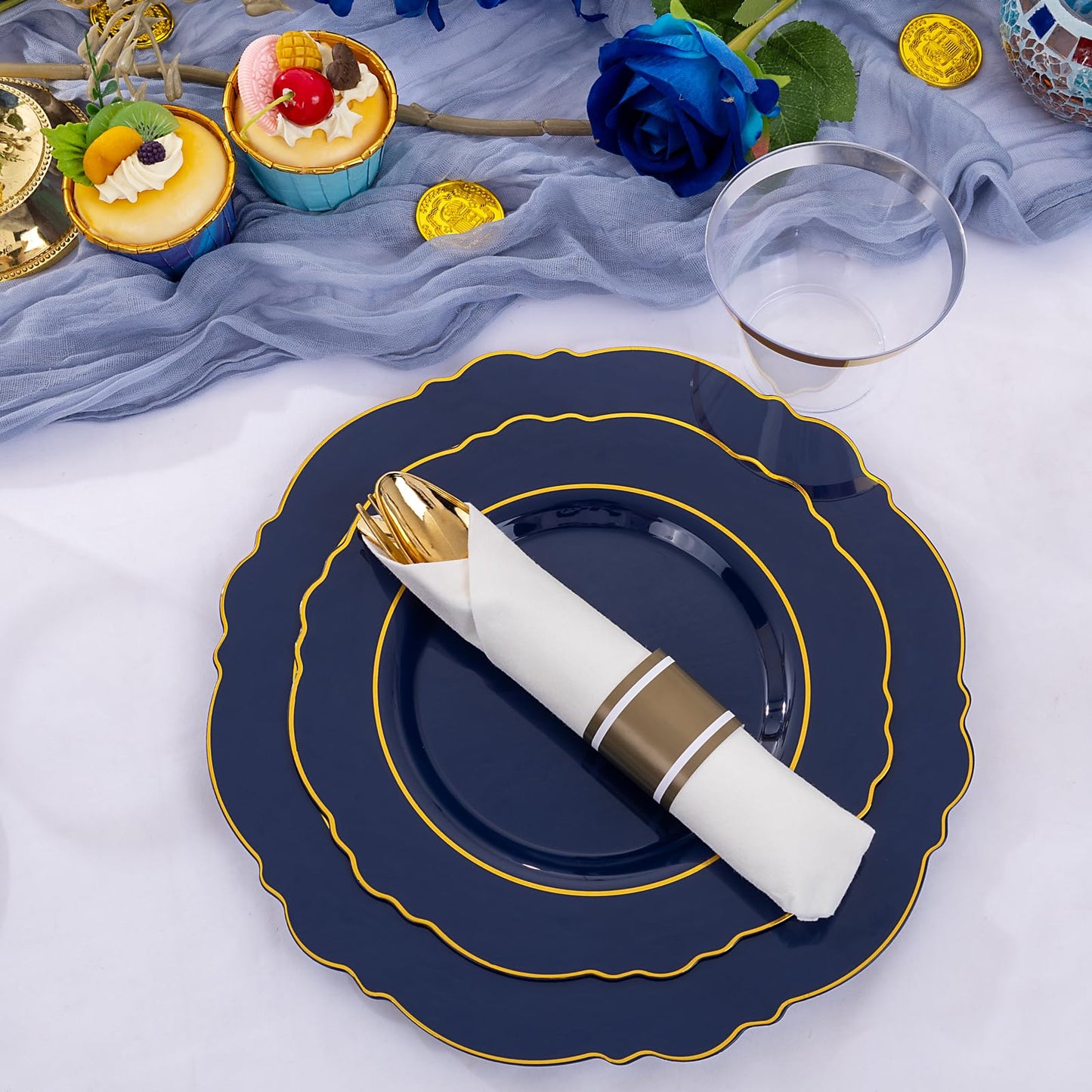 Liacere 350PCS Navy Blue Plastic Plates-Disposable Blue Gold Plates 50guest Plastic Dinnerware include 100Plates,50Pack Pre Rolled Napkins with Silverware 50Cups for Wedding＆Back to School&Labor Day