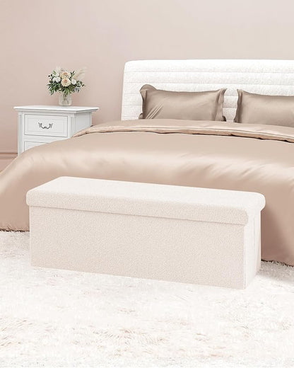 B FSOBEIIALEO Small Storage Ottoman Cube Sherpa Ottomans Foot Rest, Foldable Boucle Ottoman Bench, Faux Teddy Fur, Cream White 43.3"x15"x15"