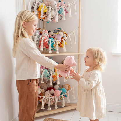 YKBU Wooden Corner Stuffed Animal Storage Organizer, 4-Tier Boho Macrame Toy Hammock Display Shelf, Free-Standing Open-Access Teddy Bear Zoo Holder for Nursery, Playroom & Kids Bedroom