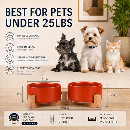 Petygooing Dog Bowls,Ceramic Cat Dog Bowl Set with Wood Stand for Food and Water,Non-Slip Cute Modern Pet Dish for Cats Small Size Dogs Puppy (13.5OZ/5.1 in) Rust Red