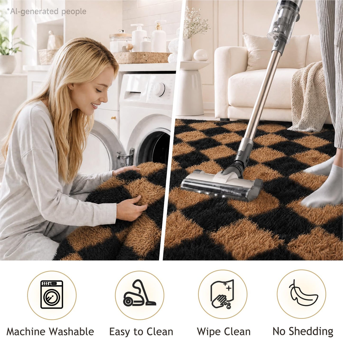 Ophanie Black & Beige Diamond Checkered Rugs for Living Room Bedroom,Rhombus Fluffy Soft Cute Fuzzy Area Rug,Plush Shaggy Bedside Floor 4x6 Furry Carpet Kids Dorm Decor with Over 99 pcs Pile fibers