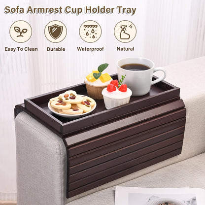 YUBAMIN Bamboo Sofa Arm Tray, Anti-Dropping Couch Arm Tray, Foldable Sofa Armrest Tray Couch Arm Table for Eats, Drinks, Snacks, Remote, Cellphone, Cup Holder, Back Anti-Slip Pad Design