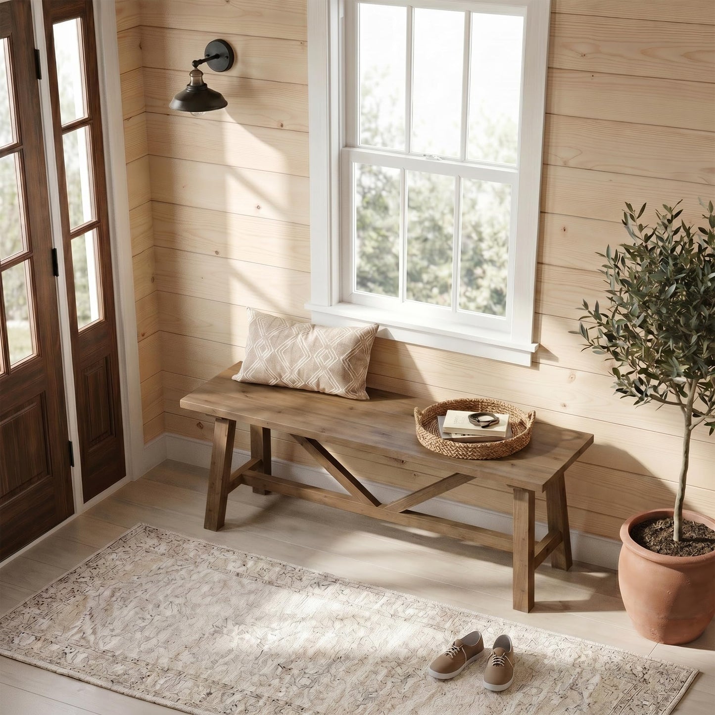 Wnutrees 43" Farmhouse Solid Wood Bench, Narrow Long Seat for Entryway Living Room Dining Area, Natural