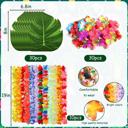 70 Pcs Hawaiian Luau Leis Decorations Supplies, Tropical Palm Leaves Hibiscus Flowers Simulation Artificial Leaf for Birthday Baby Shower Summer Beach Pool Party Decorations Favors Supplies