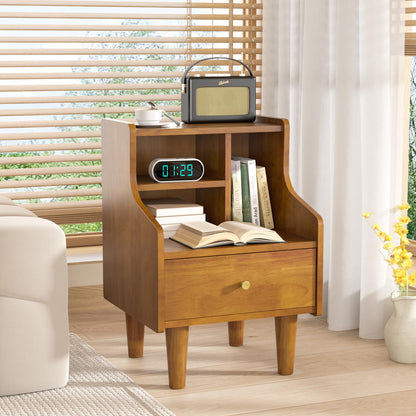 Solid Wood Nightstand, Walnut Bookshelf Nightstand with Open Storage Shelves, Mid Century Modern Night Stand with Drawer, Bedside Table for Bedroom