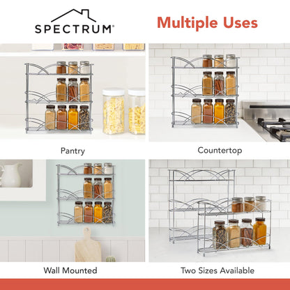 Spectrum 3 Tier Spice Rack Organizer Black Countertop Wire Shelf Spice Rack for Modern Kitchen Pantry Cabinet, Organize Spices with Three Tier Spice Shelf for Kitchen Storage with Wall Mount Option