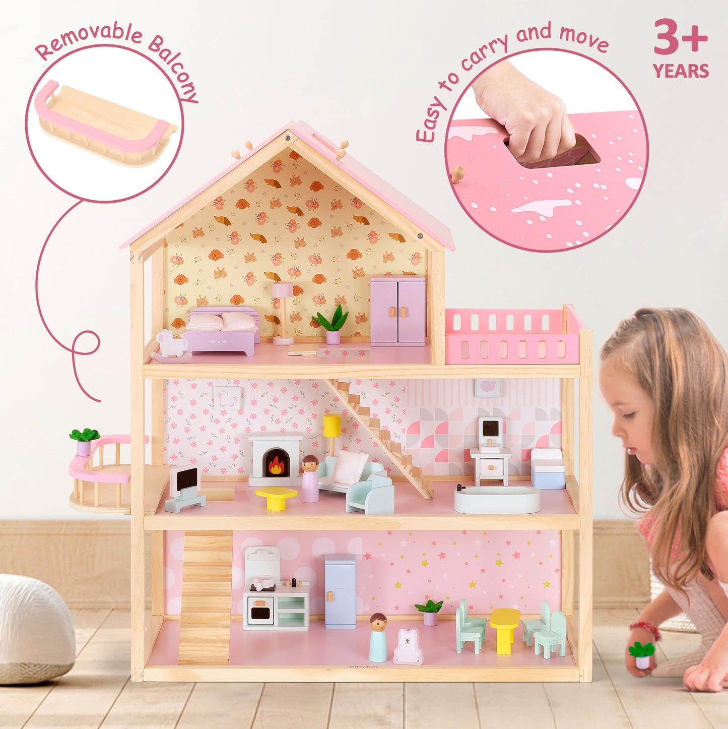 Pillowhale Wooden Dollhouse for Girls 3-Story Open Layout Playhouse with Furniture Accessories Pretend Play Role-Playing Toy Birthday Gift for Kids Ages 3+