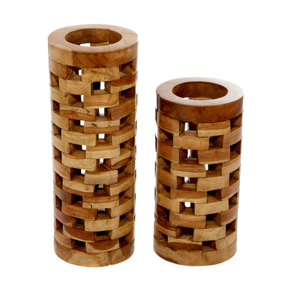 Deco 79 Teak Wood Handmade Decorative Vase Centerpiece Vases with Cut Out Patterns, Set of 2 Vases for Home Decoration 16", 12" H, Brown