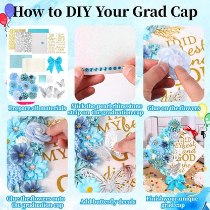 66Pcs Graduation Cap Decorations Graduation Cap Decorations kit Included Faux Flower Heads3D Butterfly Stickers for DIY Grad Cap Topper Grad Party Decor(Blue)