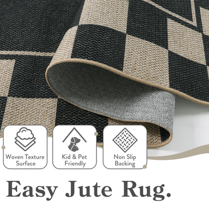 Moynesa Checkered Easy Jute 5x7 Area Rugs for Living Room, Washable Outdoor Patio Rug for Backyard Porches Non Slip, Black Farmhouse Carpet for Dining Room Balcony
