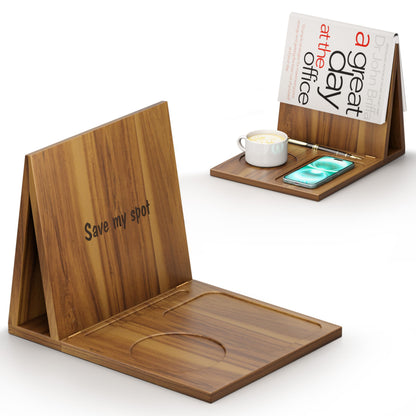 NAGAWOOD Triangle Book Holder, Book Rest, Acacia Foldable Book Nook Reading Valet, Triangle Book Stand with Cup, Pen, Glasses and Phone Holder for Bedroom, Nightstand or Office, Gifts for Book Lover