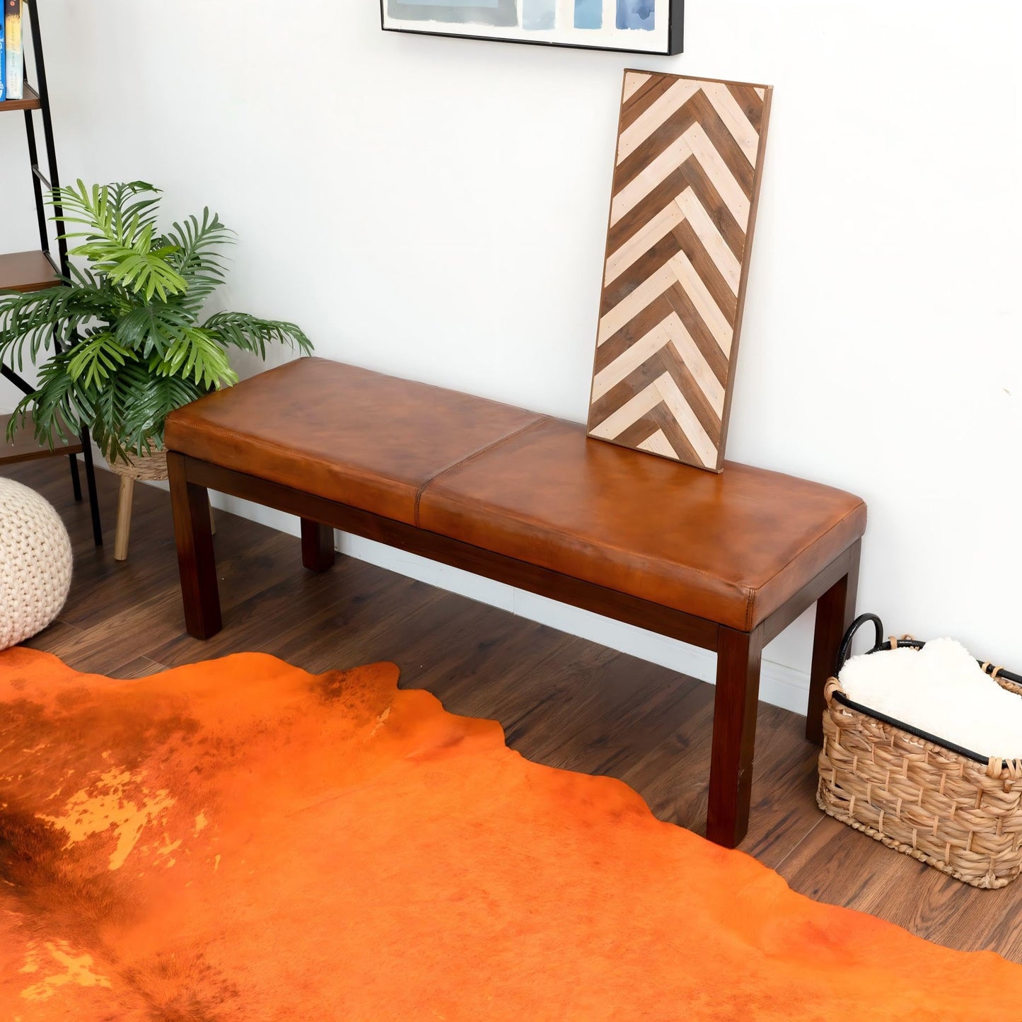GDFStudio Mid-Century Modern Entry Bench, Tan Genuine Leather Rectangle Ottoman with Solid Wood Legs, Upholstered Dining Room Bench for Bedroom Living Room Hallway Indoor Home Furniture, Brown