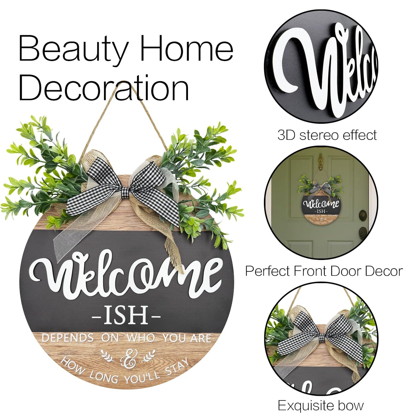 Round Wood Welcome Sign for Front Door,Rustic Hanging Wood Wreaths Sign,Farmhouse Porch Fence Welcome Wreaths Decorations.(12inch)