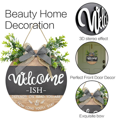 Round Wood Welcome Sign for Front Door,Rustic Hanging Wood Wreaths Sign,Farmhouse Porch Fence Welcome Wreaths Decorations.(12inch)